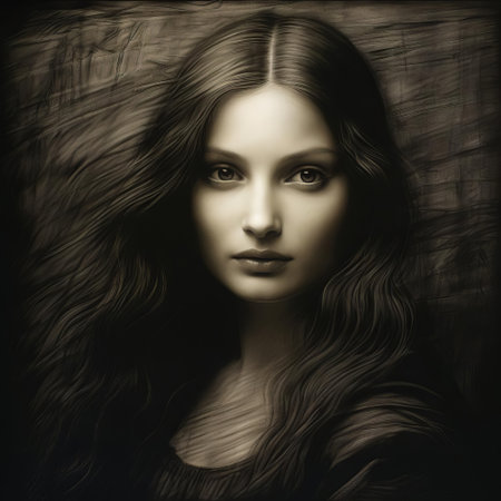 charcoal portrait of a weathered lisa, akin to leonardo da vinci's style, showcases mastery of chiaroscuro. intricate strokes capture depth and wrinkles, while subtle shading brings life and intensity to the gaze. set against a simple background, the drawing evokes a sense of timeless wisdom. ai generatedの素材