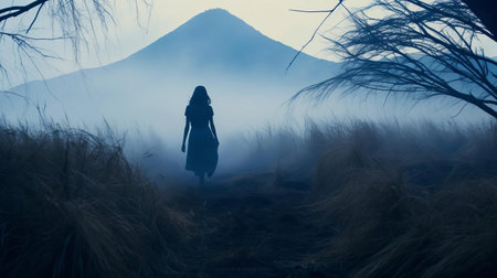 "mysterious figure megan in autumn grass, volcano looms in background. silhouettes of tall trees in distance. foggy, cold blue tones create a chilly atmosphere. intriguing instamatic lo-fi photo.", ai generatedの素材