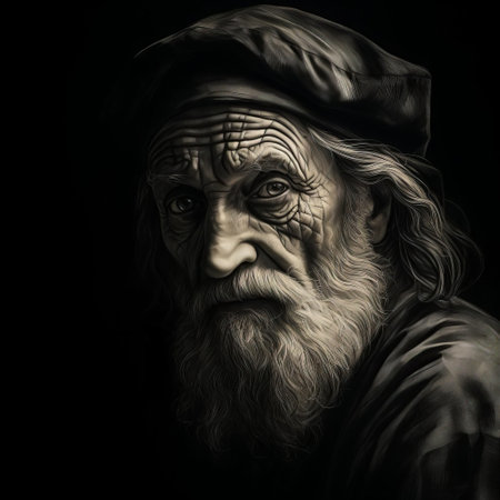 "leonardo da vinci-inspired charcoal portrait of a weathered richard, mastering chiaroscuro. meticulous strokes capture depth, wrinkles, and intensity of gaze. subtle shading brings life, evoking timeless wisdom against a simple background. intricate details take center stage.", ai generatedの素材