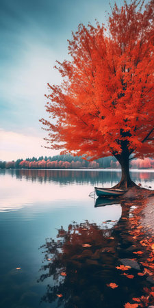 "quiet lake surrounded by vibrant alder leaves in red, orange, and yellow hues. dynamic lighting and warm colors create a serene, hyper-realistic scene. perfect for a phone wallpaper, this vertical image offers a sense of peaceful solitude in high-resolution 16k. reflections shimmer on the still water's surface, adding depth and detail to this stunning autumn landscape.", ai generatedの素材