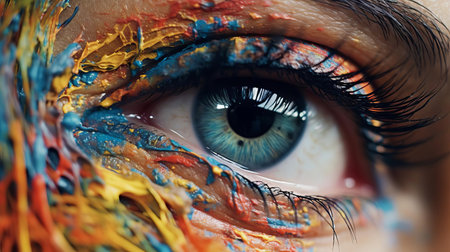 "explore the world of ophthalmology with this extreme close-up of an eye specialist at work. abstract paint brushstrokes add a unique, artistic touch to the image, making it a captivating visual for art and medical enthusiasts alike. discover the intricate details of the eye exam process, all while appreciating the splash of color and creativity." (55 words), ai generatedの素材