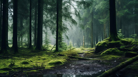 "immerse in this enchanting photo of a dark european forest, featuring a mix of deciduous trees and firs. the lush green canopy towers above, with raindrops glistening in the limited sunlight. a true fairytale setting.", ai generatedの素材