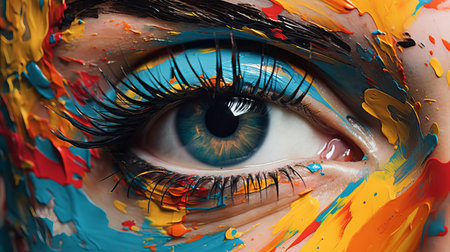 "uncover the vibrant world of customized eyewear featuring an extreme close-up view of the frame, adorned with unique abstract paint brushstrokes. a fusion of fashion and art, these glasses make a bold statement.", ai generatedの素材