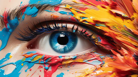 "discover unique eyewear art: extreme close-up view of sunglasses with vibrant, abstract paint brushstrokes. merging fashion and art, these glasses make a bold statement. perfect for art enthusiasts and fashionistas alike.", ai generatedの素材