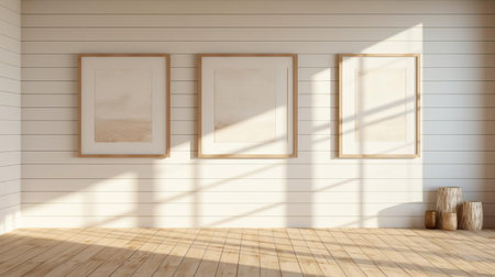 "discover three empty frame 37, evoking the barbizon school's organic compositions, with a light brown finish. this contemporary art piece showcases the interplay of light and shadow, inspired by the style of playing with light. the use of vray technology adds depth and realism, while the white wood floor creates a stunning contrast. experience the beauty of solarizing mastery in this unique and captivating workの素材
