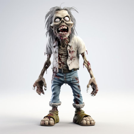 "plastic cartoon zombie comes to life in 3d render, showcasing a full-body view of the menacing creature on a white background. perfect for horror enthusiasts and collectors.", ai generatedの素材
