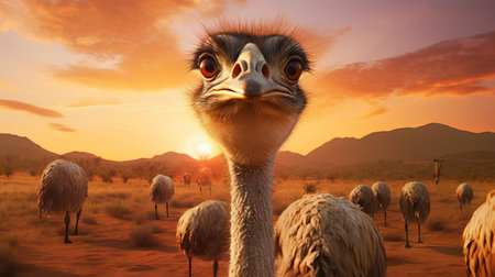 "discover the striking beauty of an ostrich in this photo-realistic image. the african native is the world's largest bird, featuring long, powerful legs, a sleek neck, and distinctive feathers. admire the rich, glossy black plumage of the male, and the grayish-brown feathers of the female. observe the unique, thick eyelashes and the intense, curious gaze of this majestic creature. this captivating image highlights the ostrich'sの素材