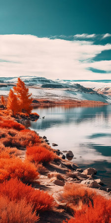 "quiet lake surrounded by vibrant sagebrush in autumn hues. leaves of red, orange, and yellow reflect off the still waters. hyper-realistic style with a focus on warm colors, dynamic lighting, and peaceful solitude. perfect for a phone wallpaper, vertical composition. highly detailed, high-resolution 16k image.", ai generatedの素材