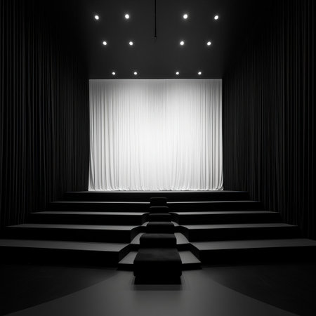 "minimalist theater designs: experience the drama of pure black and white. uncluttered, clean lines create a striking atmosphere. perfect for modern, sophisticated venues. incorporates sleek, contemporary style with functionality. a visual feast for the eyes, these designs will leave a lasting impression.", ai generatedの素材