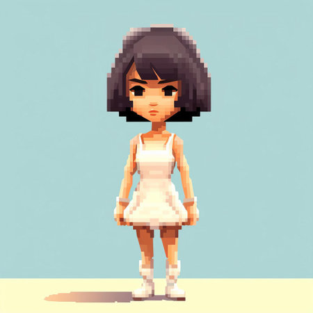a pixel art portrait featuring a woman and child, created in a realistic yet stylized manner. this animated image showcases a kawaii aesthetic with ambient occlusion, full body depiction, and textured shading. the cross processing technique adds a unique visual appeal, reminiscent of the artistic style of tetsuya nomura. ai generatedの素材