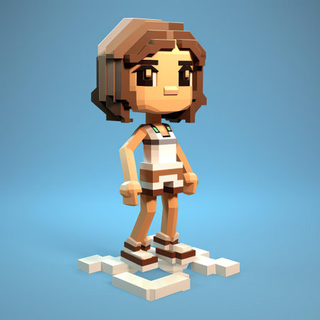 a pixelated figure stands on a blue background, showcasing a charming character illustration in the style of sculpted voxel art. this unique artwork, reminiscent of traditional mexican style, features a schoolgirl lifestyle theme with a touch of white and brown tones. explore this captivating creation on sketchfab. ai generatedの素材