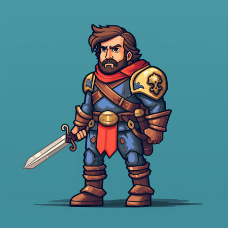 the pixel hero, adorned in armor and wielding a sword, is depicted in a simplified and stylized portrait. this digital painting showcases a combination of blue and amber tones, reminiscent of renaissance-inspired draftsman and marine painters. the bold primary colors add vibrancy to the overall composition. ai generatedの素材