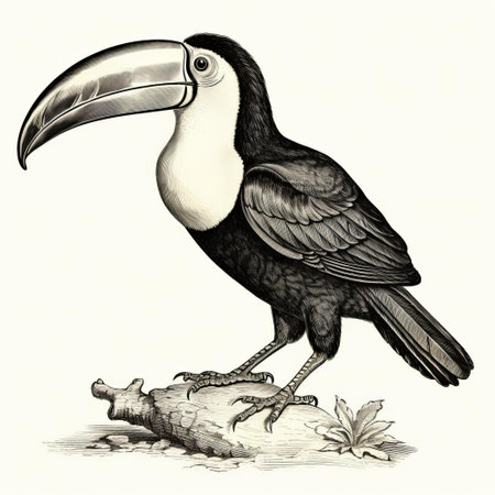 an antique woodcut engraving of a toucan standing, showcasing a dark academia vintage halloween outline clipart. the silhouette is depicted in black and white, resembling a scientific illustration in the field of entomology. the line art is simple and clean, set against a white background. the dark academia stylized toucan is isolated and presented in an isometric view, reminiscent of vintage victorian style. this monochromeの素材