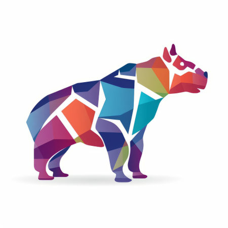 the stylos logo and poster feature a flat shape abstract design of a hippo graphic. the design is inspired by stained glass and incorporates elements of low poly and minimalistic canine sculptures. the fragmented icons and rich colors create a visually striking effect against the white background, resembling mosaic-like patterns. ai generatedの素材