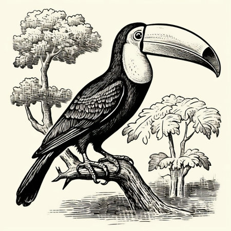 an antique woodcut engraving of a toucan standing is depicted in this dark academia vintage halloween outline clipart. the silhouette of the bird is showcased in black and white, resembling a scientific illustration commonly found in entomology. the line art is simple and clean, set against a white background. the dark academia stylized toucan is isolated and presented in an isometric view, reminiscent of vintageの素材