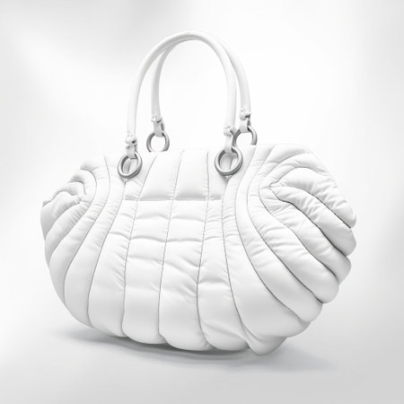 white purse with three shoulder straps on a white background. the purse showcases a distorted form, exuding luxurious opulence. its realistic and hyper-detailed renderings highlight the soft and rounded forms. the high definition image captures the monochromatic color scheme, adding to its elegant appeal. ai generatedの素材