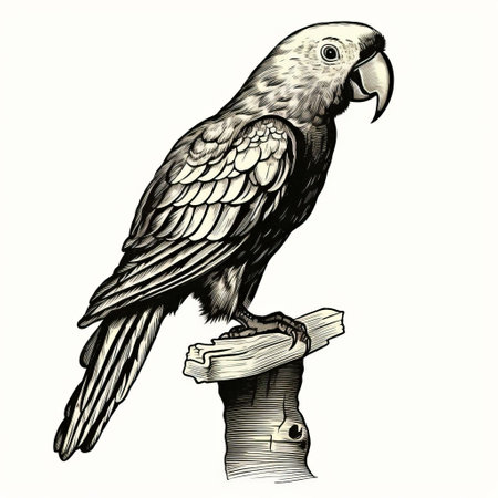 an antique woodcut engraving of a parrot standing, featuring a dark academia vintage halloween outline clipart. the silhouette is depicted in black and white, resembling a scientific illustration in entomology. the line art is simple and clean, set against a white background. the dark academia stylized parrot is isolated and presented in an isometric view, reminiscent of vintage victorian style. this monochrome linocut engraving showcasesの素材