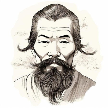 a black and white japanese zen drawing of a bearded jerry with short, wavy hair, closed eyes, and defined facial features. he wears an open-collared shirt, rolled-up sleeves, trousers tucked into mid-calf boots, and holds a curved knife in one hand. the background consists of undefined shapes resembling mountains or trees. ai generatedの素材