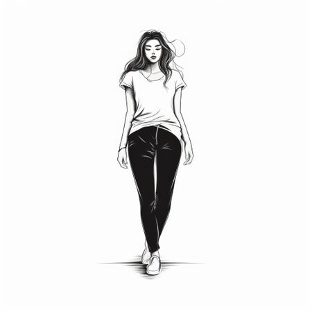 a fashionable young woman is depicted in this cartoon illustration, showcasing a monochromatic realism style. the image captures the essence of street style with minimalistic simplicity. the use of etchings and strong lines adds depth and texture to the artwork. this illustration is a perfect example of figura serpentinata, highlighting the dynamic and flowing movement of the subject. shot with a samyang af 14mm f2.8の素材