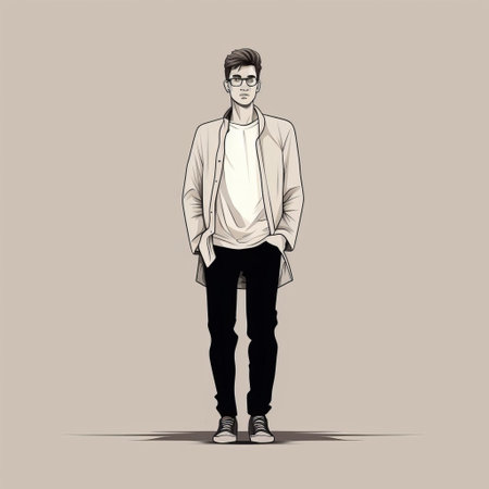 a young man with glasses stands in front of a window in this vector illustration. the illustration is done in the style of fashion sketches, featuring a full body depiction. the colors used are light black and light beige, with precise line work. the background has a matte finish. this illustration is inspired by the works of esteban vicente and greg rucka. ai generatedの素材