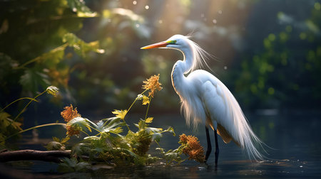 "experience the grace and beauty of this egret in this photo-realistic image. with its striking white feathers, long, slender beak, and elegant stance, this bird is a true symbol of serenity. perfect for nature lovers and birdwatchers, this image captures the essence of the egret's elegance and charm." (55 words), ai generatedの素材