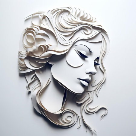 art portrait of a woman with flowery hair, cut out in the style of organic sculpting by oleksandr bogomazov. the monochrome toning and 3d effect bring depth to the graceful sculptures. the use of paper adds texture, while the blue background contrasts beautifully with the white background. ai generatedの素材