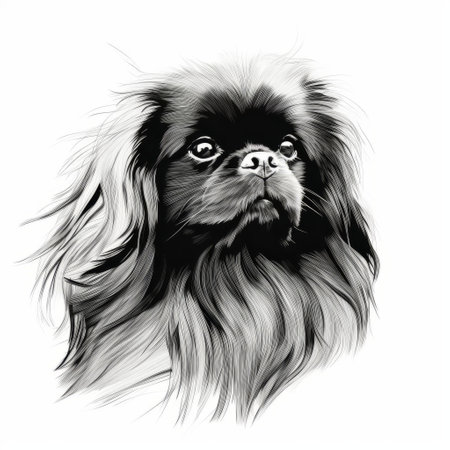 a pekingese dog with long brown hair is depicted in black and white, resembling a dreamlike illustration. the graphic illustration showcases the art of burma, featuring a refined technique with clean and sharp inking. the loose paint application adds to the overall aesthetic of the image. ai generatedの素材