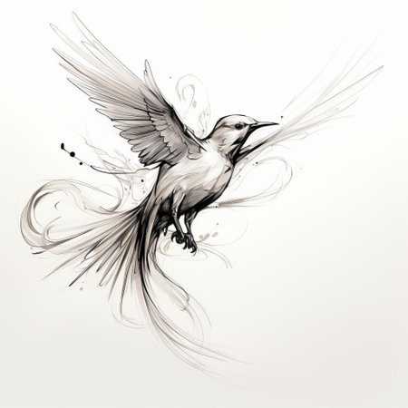 a bird vector illustration showcasing intricate pen and ink work in the style of ink wash paintings. this 3d and 2d svg image features dynamic energy flow, transparency, and opacity. the detailed and romantic graffiti-like design is enhanced by flowing lines and a sepia tone, providing ample copy space. ai generatedの素材