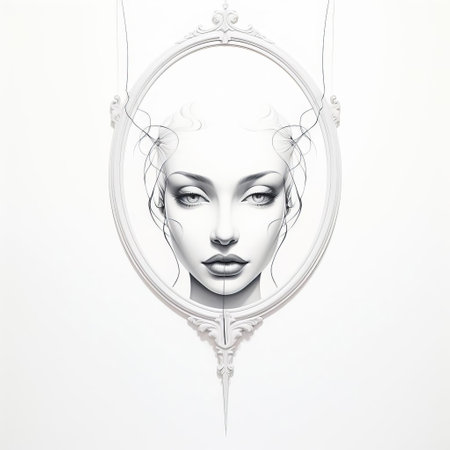 a beautiful woman captured in a circular frame with a gold chain. this artwork showcases a unique blend of futuristic realism and intricate black and white illustrations. the piece features subtle shading, polished metamorphosis, serene faces, and futuristic shapes, creating a captivating fusion of fantasy and realism. ai generatedの素材