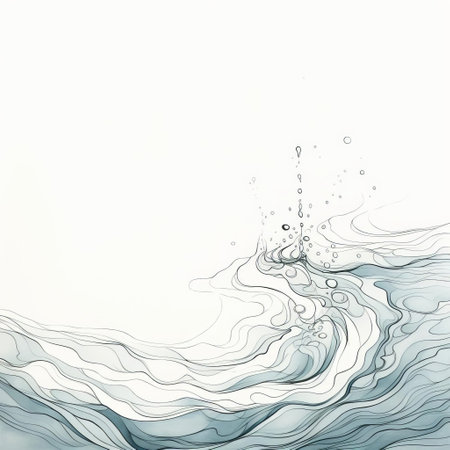 drawing of ripples on the ocean with waves, creating a wave effect for a splash. the illustration showcases organic forms and muted tones, reminiscent of fairy tale illustrations. water drops are depicted with intricate minimalism, using a light white and navy color palette. the composition is intricately designed, capturing the beauty of the ocean through delicate watercolors. ai generatedの素材