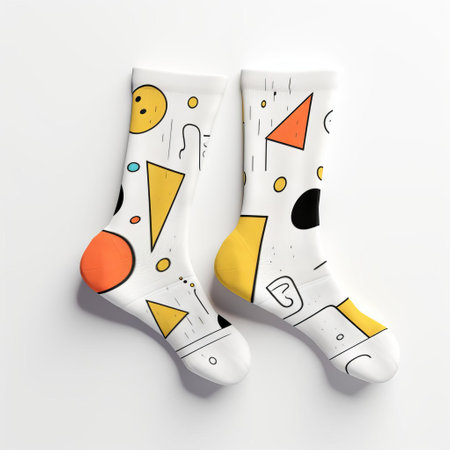 two vibrant socks featuring unique shapes and designs, showcasing a captivating blend of graphic design aesthetics. the socks exhibit a striking combination of dark white and yellow hues, adorned with meticulous sketches and bold colors. the digital print highlights the intricate marks and minimalistic composition, with a particular emphasis on the joints and connections. ai generatedの素材