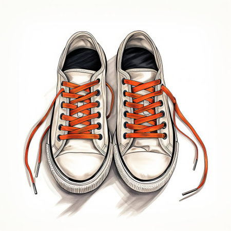 the photo showcases a pair of shoes with vibrant orange laces. the shoes are depicted in a realistic watercolor style, featuring hyper-detailed rendering. the color palette predominantly consists of silver and gray tones, enhancing the minimalist cartooning effect. the image, found on flickr, highlights the chrome-plated elements and skillful use of foreshortening techniques. ai generatedの素材