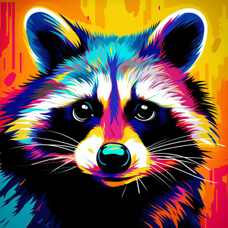 a raccoon animal painting by laurel wysniewski, featuring vibrant color gradients and a pop art illustration style reminiscent of rafa olbiski. the saturated palette and detailed background elements, inspired by tom thomson, enhance the strong facial expression of the raccoon. ai generatedの素材