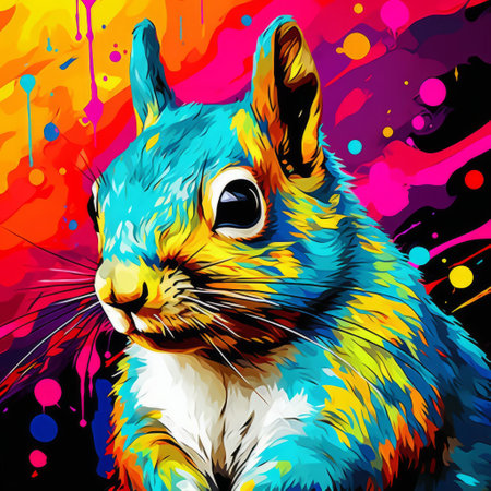 a squirrel adorned with vibrant paint splatters in the style of pop art brightness, showcasing digital art techniques and precisionist art. the colorful and bold lines create a visually striking image, with realistic color schemes that incorporate dark cyan and yellow hues. this artwork captures the essence of adafruit and exudes a sense of vibrancy and creativity. ai generatedの素材