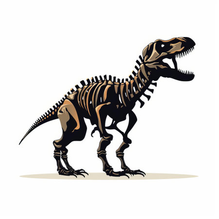 a t-rex dressed as a skeleton is depicted on a white background, showcasing iconographic symbolism. the style features light black and brown tones, with precise detailing and jagged edges. the image evokes historical reproductions and scientific illustrations, highlighting the distinctive character design of the t-rex. ai generatedの素材
