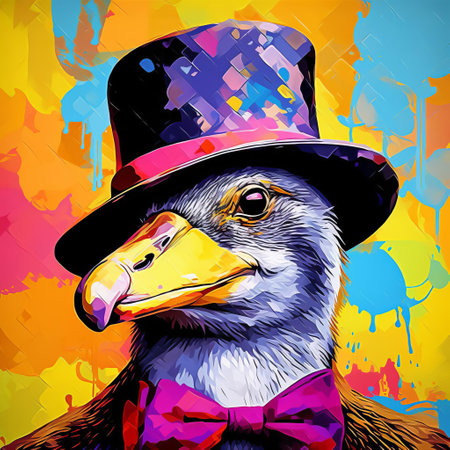 a vibrant pop art portrait featuring a bird wearing a hat and tie, reminiscent of the style of aleksandr deyneka. this digital painting by martin rak combines elements of animals and people, drawing inspiration from neogeo art movement. the artwork also pays homage to the works of charles spencelayh, creating a unique and captivating composition. ai generatedの素材