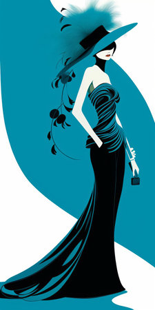 stella tennant, the model, is captured in a tex avery-inspired image wearing a stunning blue dress and a feathered hat. the photo showcases elegant negative space, with a color palette featuring light emerald and black tones. the design incorporates fine lines, delicate curves, and a streamlined elegance, drawing inspiration from the styles of vivienne tam and nick walker. ai generatedの素材