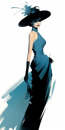 cindy crawford, the iconic supermodel, is captured in a stunning image wearing a captivating blue dress and a feathered hat. this tex avery-inspired photograph showcases elegant negative space, with a color palette featuring light emerald and black tones. the image beautifully incorporates fine lines, delicate curves, and a streamline elegance, drawing inspiration from the artistic styles of vivienne tam and nick walker. ai generatedの素材