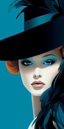 lily cole, the model and actress, is captured in a stunning photograph wearing a mesmerizing blue dress and a feathered hat. this tex avery-inspired image showcases elegant negative space and a color palette of light emerald and black. the composition incorporates fine lines, delicate curves, and a streamline elegance, drawing inspiration from the styles of vivienne tam and nick walker. ai generatedの素材