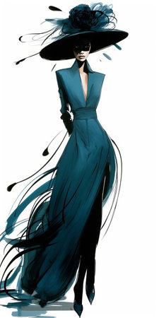 daria werbowy, the model, is captured in a tex avery-inspired image. she is seen wearing a stunning blue dress and a feathered hat. the image showcases elegant use of negative space, with a color palette dominated by light emerald and black. fine lines and delicate curves add a touch of streamline elegance, drawing inspiration from the styles of vivienne tam and nick walker. ai generatedの素材