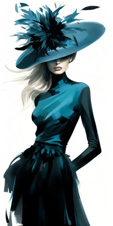 lily donaldson, the model, is captured in this image wearing a stunning blue dress and a feathered hat. the tex avery-inspired style is evident through the elegant use of negative space and the incorporation of fine lines and delicate curves. the image showcases a beautiful combination of light emerald and black colors, exuding a streamline elegance. vivienne tam and nick walker's influence can be seenの素材