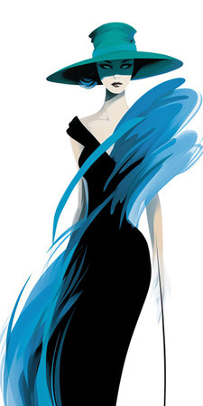 veruschka, the iconic model, is captured in this image wearing a stunning blue dress and a feathered hat. the image, inspired by the tex avery style, showcases elegant use of negative space and a color palette of light emerald and black. with fine lines, delicate curves, and streamline elegance, this image draws inspiration from the renowned designers vivienne tam and nick walker. ai generatedの素材