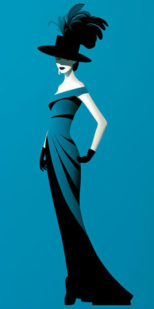 jacqueline jablonski, the model, is captured in a tex avery-inspired image. she is seen wearing a stunning blue dress and a feathered hat. the image showcases elegant use of negative space, with a color palette dominated by light emerald and black. it incorporates fine lines and delicate curves, exuding a streamline elegance reminiscent of vivienne tam and nick walker's influence. ai generatedの素材