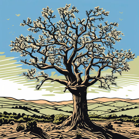 a minimalist linocut-style artwork of a cottonwood tree, featuring a single, continuous line design that highlights the use of negative space. the artwork captures the essence of the cottonwood's form and character with minimal detail, showcasing the tree's simplicity and elegance. the boldness of the cottonwood against the negative space creates a powerful visual impact, making this linocut art a striking representation of the cottonwoodの素材