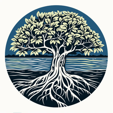 a minimalist linocut-style artwork of a mangrove, featuring a single, continuous line and emphasizing negative space. the design captures the essence of the mangrove with simple shapes, showcasing its form and character with minimal detail. the artwork strikes a balance between simplicity and boldness, with the mangrove standing out against the negative space, showcasing the power and elegance of this minimalist linocut art. ai generatedの素材