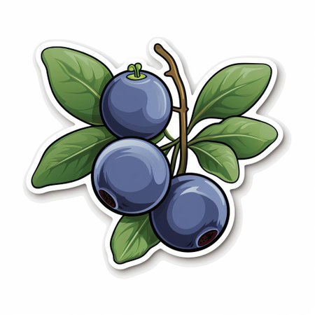 blueberry sticker illustration featuring vibrant blueberries, inspired by the artistic styles of herb trimpe and basil gogos. this artwork showcases naturalistic depictions of flora and fauna, with a focus on functionality. the 2d game art design highlights smooth and shiny textures, enhanced by contoured shading. ai generatedの素材