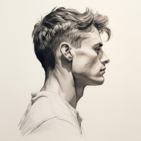 a pencil sketch of a cute young man with hair hanging down on a shirt, showcasing a realistic hyper-detailed rendering. the sketch, inspired by the style of jan weenix, is captured in 8k resolution, highlighting the juxtaposition of light and shadow. the detailed brushstrokes and sculpted features add depth and dimension, reminiscent of the work of alexandr averin. ai generatedの素材