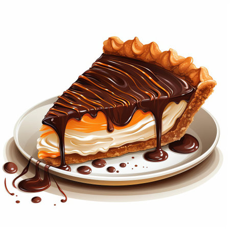 a delicious chocolate pie with a chocolate drizzle on a plate, presented in a colorful cartoon style. the pie is beautifully detailed with shades of dark white and light orange, creating a realistic scenery. the plate and surroundings are adorned with orange and gold accents, while the character illustrations feature intricate details in a monochromatic color scheme. ai generatedの素材