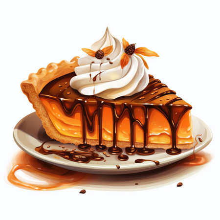 a slice of pumpkin pie is showcased on a plate in this highly detailed illustration. the pie appears incredibly realistic, with its golden and brown hues. the artwork features intricate character illustrations and a unique touch of dripping paint, adding a touch of creativity to the overall design. the illustration is brought to life with the mesmerizing style of magewave. ai generatedの素材