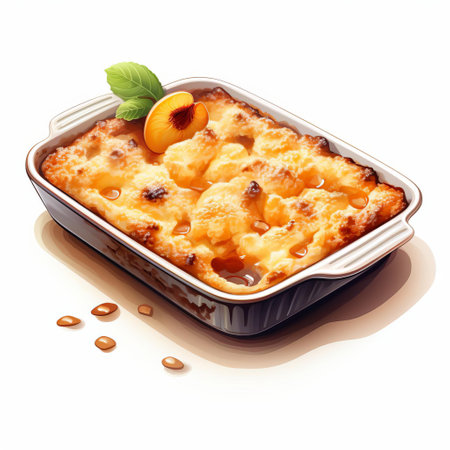 a plate of a baked dish featuring peaches and rosemary leaves, presented in a whimsical cartoony style. the dish resembles melting rectangular fields with detailed shading, crafted from a combination of cheese, applecore, dark white, and light amber colors. ai generatedの素材
